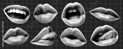 Halftone collage banner, set of paper cut open and closed mouths with different emotions. Grunge vintage newspaper stickers, parts of faces on dark background.