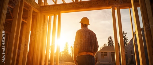 Construction Worker Looking at Sunset Through Framing