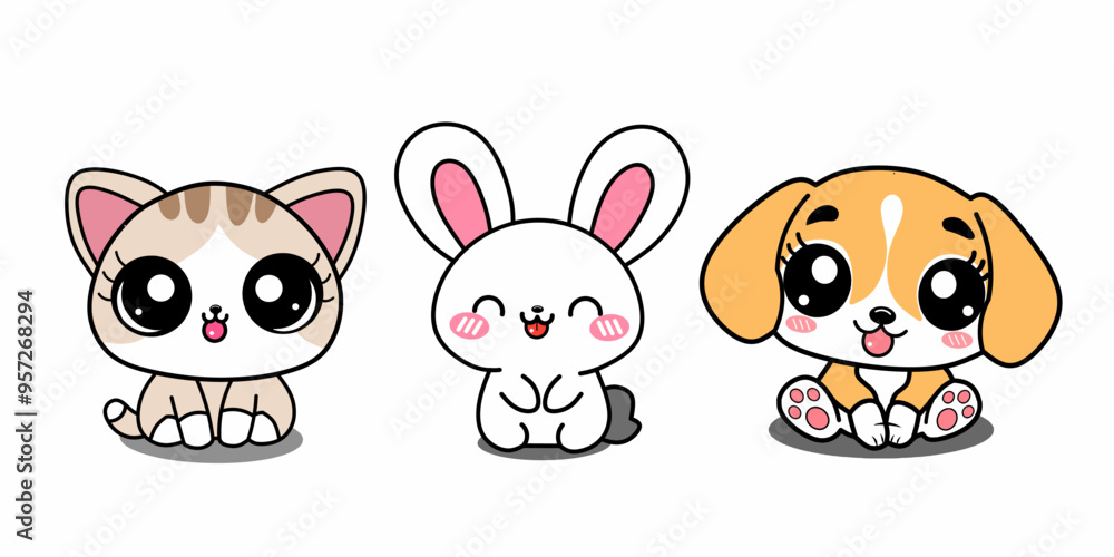 Set of Cute animals in Kawaii style. Kitten, bunny, puppy characters Handrawn vector illustration. Pet animals handrawn Set of Cute animals in Kawaii style. Kitten, bunny, puppy characters Handrawn vector illustration. Pet animals handrawn