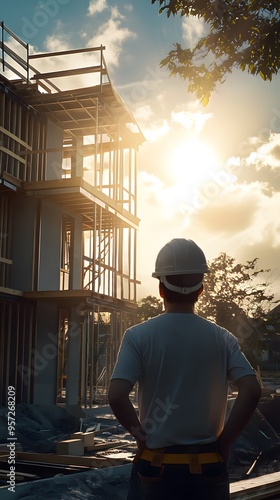Construction Worker Looking at Sunset on Building Site