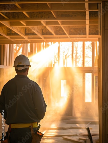 Construction Worker Looking at Sunlight Through Window