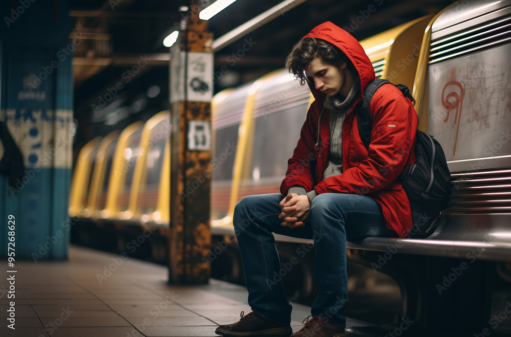 Fototapeta premium Thoughtful Man Riding Subway