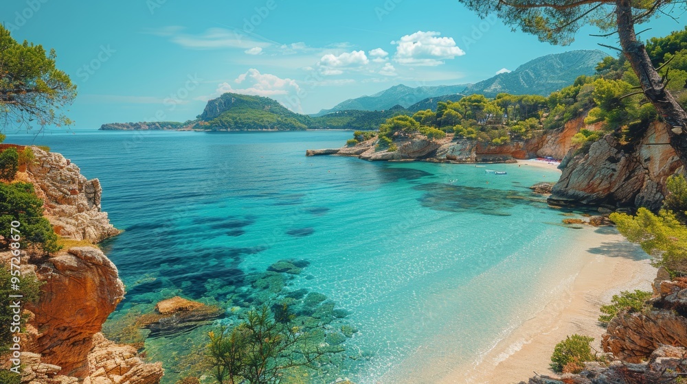 Fototapeta premium Beautiful tranquil cove with clear turquoise waters and sandy beach on a sunny day in a coastal region surrounded by cliffs and greenery