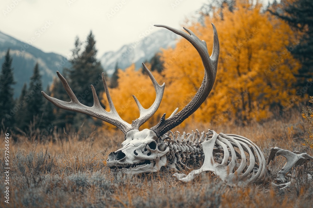 Obraz premium bones and skull Skelton of deer antler on autumn forest