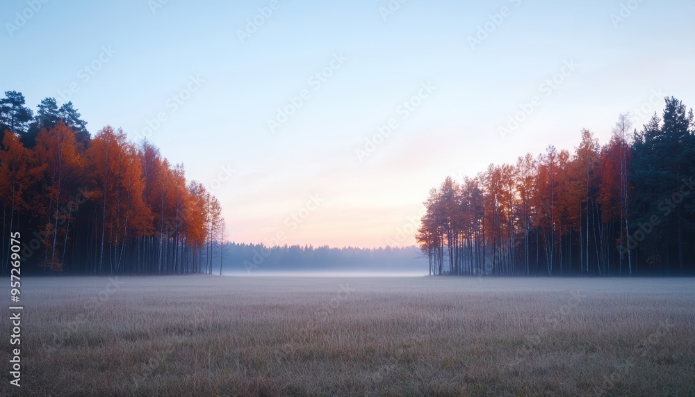 Fototapeta premium Serene Autumn Landscape with Misty Morning Fog and Vibrant Fall Foliage in a Tranquil Forest Clearing