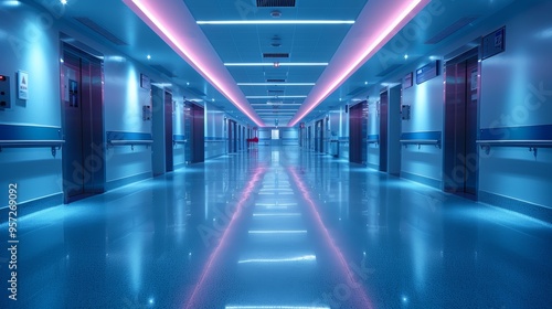 A modern hospital corridor with blue and pink lighting showcasing the sleek, clean design and ambiance of healthcare facilities