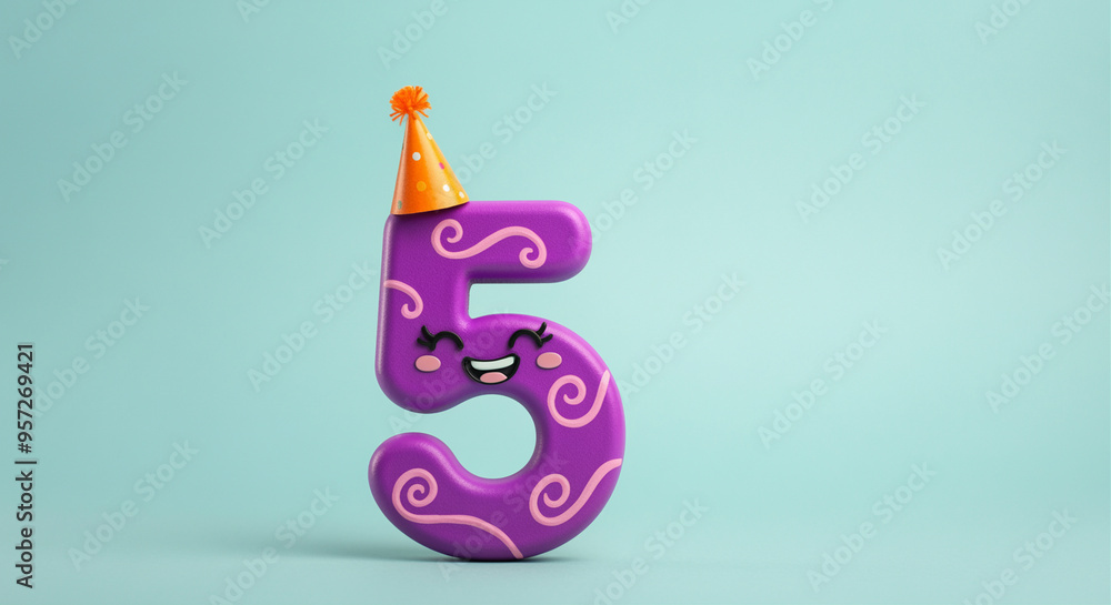 Number 5 decoration with happy expression and party theme elements for celebration backdrop Number 5 decoration with happy expression and party theme elements for celebration backdrop