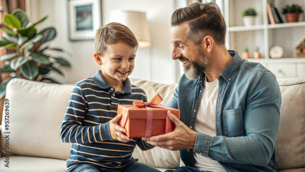 Happy father and son are opening a gift box and smiling while sitting on sofa at home Happy father and son are opening a gift box and smiling while sitting on sofa at home