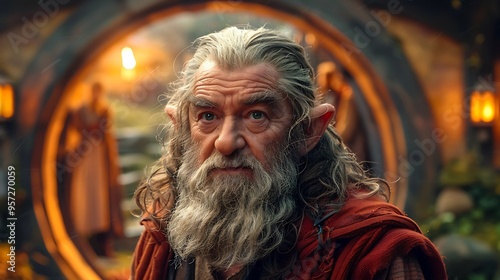 An elderly man with long white hair and a beard, wearing a red robe and pointed ears, stares intensely at the camera, standing in front of a circular golden archway.