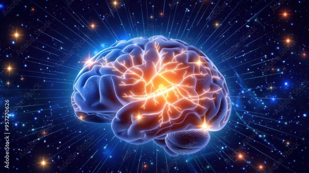 Obraz premium A brain with glowing neurons and cosmic background