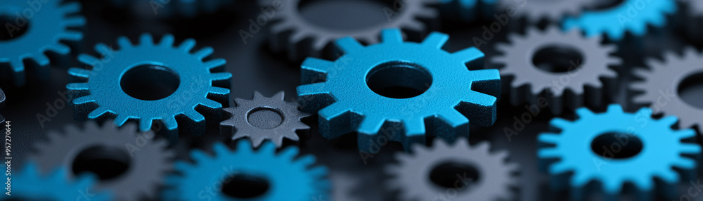 Close-up of interlocking gears in blue and gray, showcasing intricate mechanical design and technology concepts. Close-up of interlocking gears in blue and gray, showcasing intricate mechanical design and technology concepts.