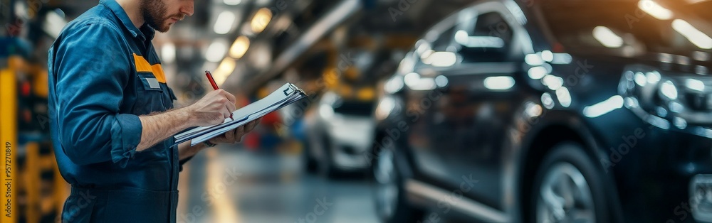 Mechanic verifying safety checklist on electric vehicle Mechanic verifying safety checklist on electric vehicle