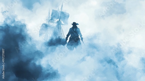 Ghostly pirate captain, lost in a maze of fog, eerie night, Watercolor style photo