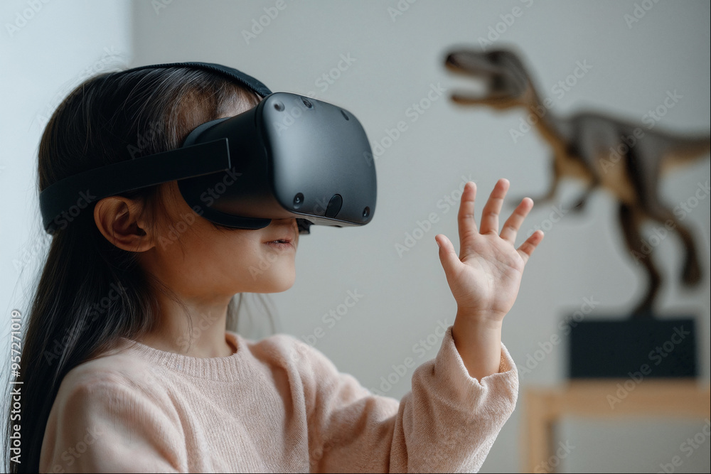 Child exploring virtual reality with VR headset Child exploring virtual reality with VR headset