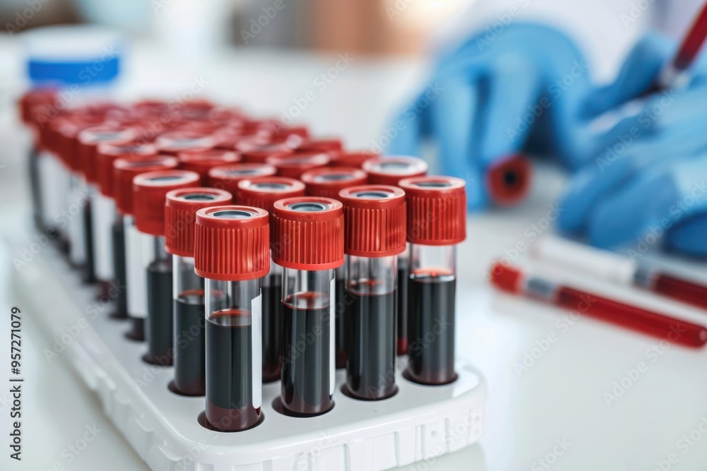 Close-up of blood collection tubes in a laboratory, showcasing the importance of accurate medical testing and diagnostics Close-up of blood collection tubes in a laboratory, showcasing the importance of accurate medical testing and diagnostics