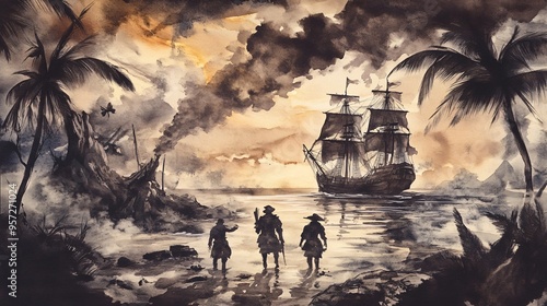 Ghostly pirate crew, returning to their cursed treasure, eerie island, Watercolor style photo