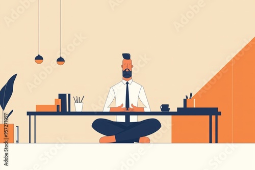 Minimalist illustration of a man meditating at his desk 