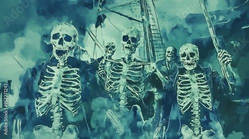 Skeleton pirate crew, cursed by ancient magic, eerie night, Watercolor style photo