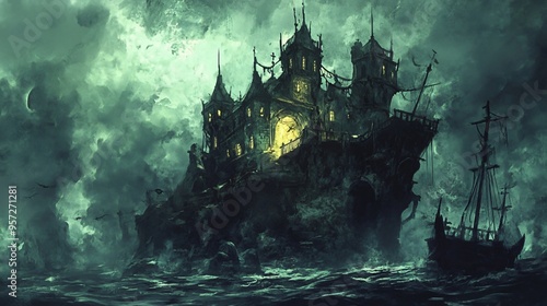 Haunted pirate stronghold, glowing treasure within, eerie shadows, Watercolor style photo