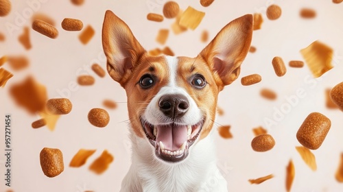 Happy Dog with Falling Treats, Modern Illustration. photo