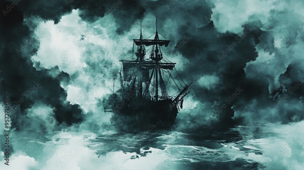 Pirate ghost ship, trapped in an eternal storm, cursed crew, Watercolor style Pirate ghost ship, trapped in an eternal storm, cursed crew, Watercolor style
