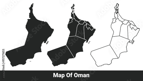 Black map of Oman flat and outline style vector illustration set