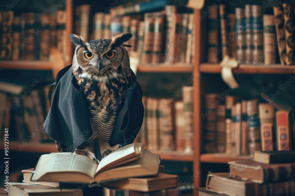 A wise owl wears a cloak while perched on open books, surrounded by an extensive library filled with vintage literature. A wise owl wears a cloak while perched on open books, surrounded by an extensive library filled with vintage literature.