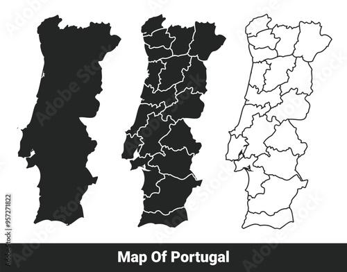 Black map of Portugal flat and outline style vector illustration set