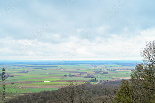 Panoramic view from the terroir f Handthal viewing platform of the surrounding vineyards, countryside and villages with far-reaching views of the Steigerwald, Handthal, Schweinfurt, Franconia, Bavaria photo