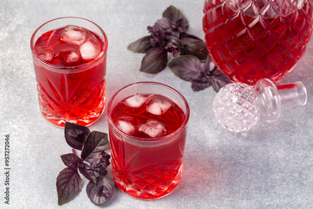 Glass of purple basil sherbet and purple basil