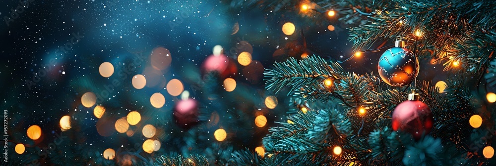 A scenic snowy Christmas tree adorned with blue and red ornaments and warm white string lights. A perfect depiction of the holiday season's magical charm. A scenic snowy Christmas tree adorned with blue and red ornaments and warm white string lights. A perfect depiction of the holiday season's magical charm.