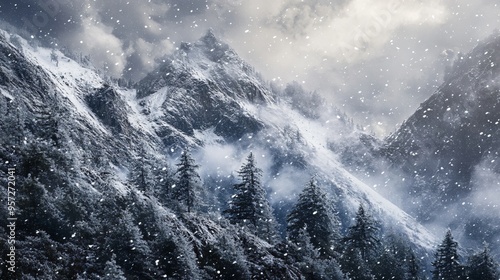 Heavy snowfall blanketing a mountain landscape, winter weather, cold and serene