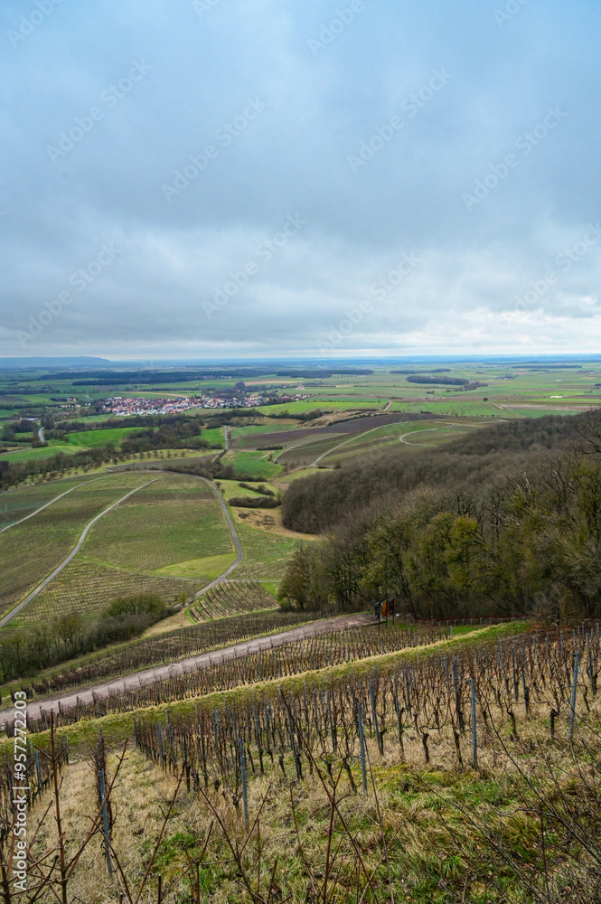 Naklejka premium Panoramic view from the terroir f Handthal viewing platform of the surrounding vineyards, countryside and villages with far-reaching views of the Steigerwald, Handthal, Schweinfurt, Franconia, Bavaria