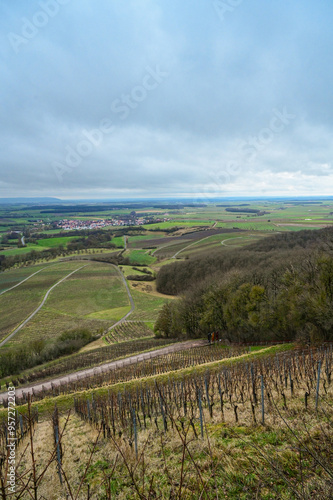 Panoramic view from the terroir f Handthal viewing platform of the surrounding vineyards, countryside and villages with far-reaching views of the Steigerwald, Handthal, Schweinfurt, Franconia, Bavaria photo