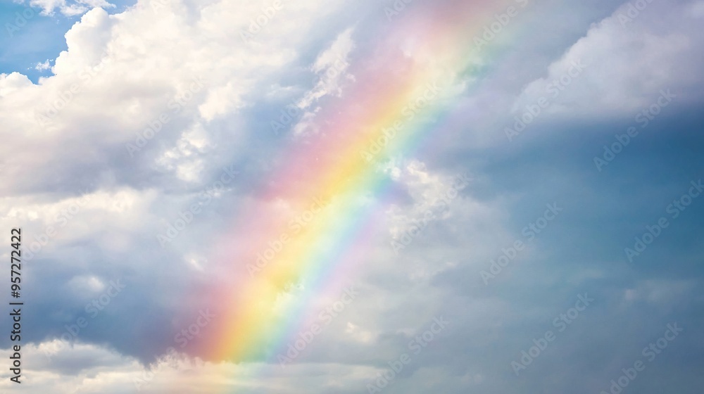 Rainbow arching across a cloudy sky after a rainstorm, colorful weather phenomenon Rainbow arching across a cloudy sky after a rainstorm, colorful weather phenomenon