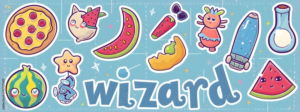 sticker sheet with cute food, colorful illustrations of rollerblades, food vector illustration sticker sheet with cute food, colorful illustrations of rollerblades, food vector illustration