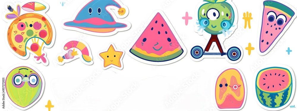 Fototapeta premium sticker sheet with cute food, colorful illustrations of rollerblades, food vector illustration