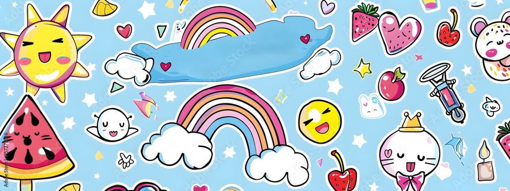 Naklejka premium sticker sheet with cute food, colorful illustrations of rollerblades, food vector illustration