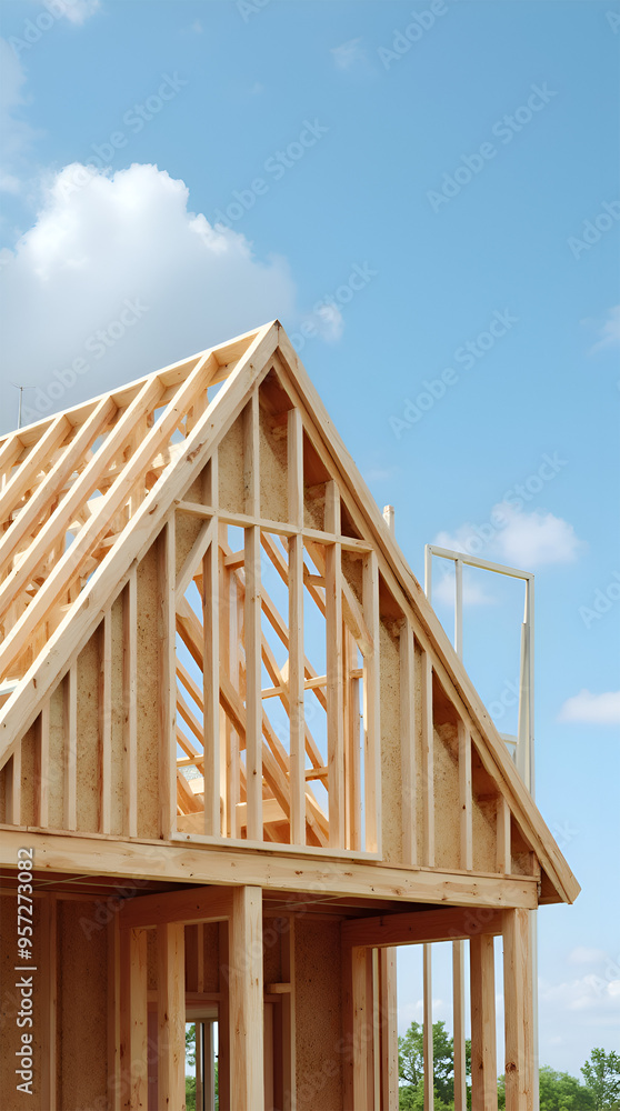 A wooden frame of a building under construction against a blue sky. It is the beginning stages of a new home or building, with the primary wooden beams and framework in place A wooden frame of a building under construction against a blue sky. It is the beginning stages of a new home or building, with the primary wooden beams and framework in place