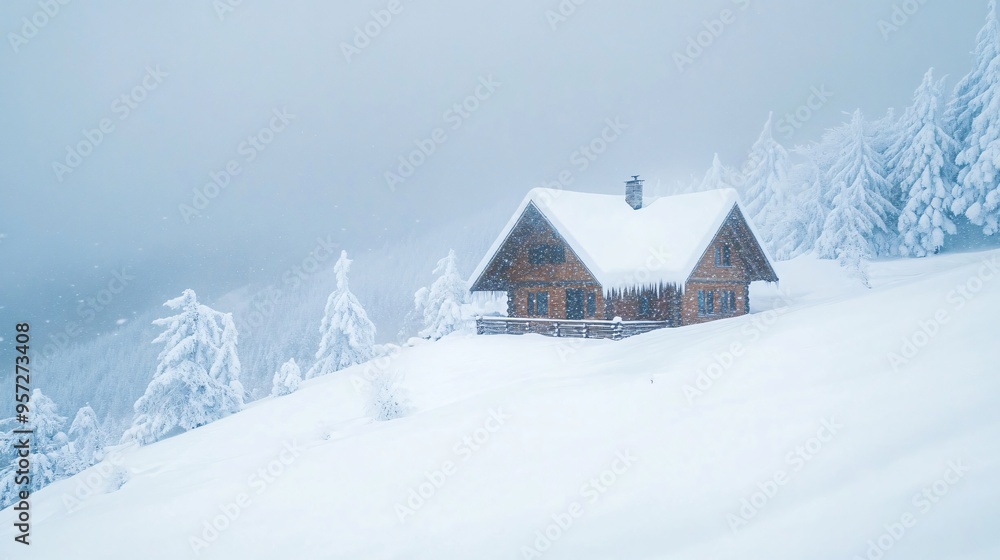 Snowstorm engulfing a mountain cabin, harsh weather, snow-covered surroundings Snowstorm engulfing a mountain cabin, harsh weather, snow-covered surroundings