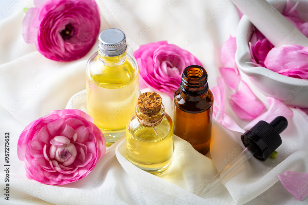Pink ranunculus flowers essential oil