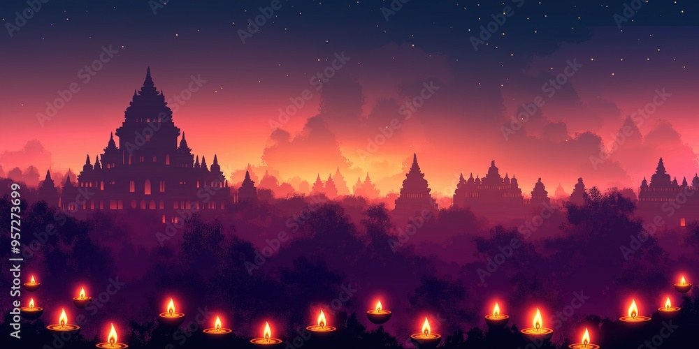 Diwali Banner with Hindu Temple Silhouette, Twilight Sky, and Glowing Diyas Diwali Banner with Hindu Temple Silhouette, Twilight Sky, and Glowing Diyas