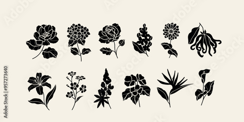 Flat vector camellia, hydrangea, rose, lilacs, zinnia, ylang-ylang, lily, forget-me-not, lupine, begonia, strelitzia, calla lily