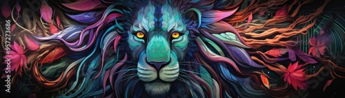 Vibrant lion with colorful mane and floral elements