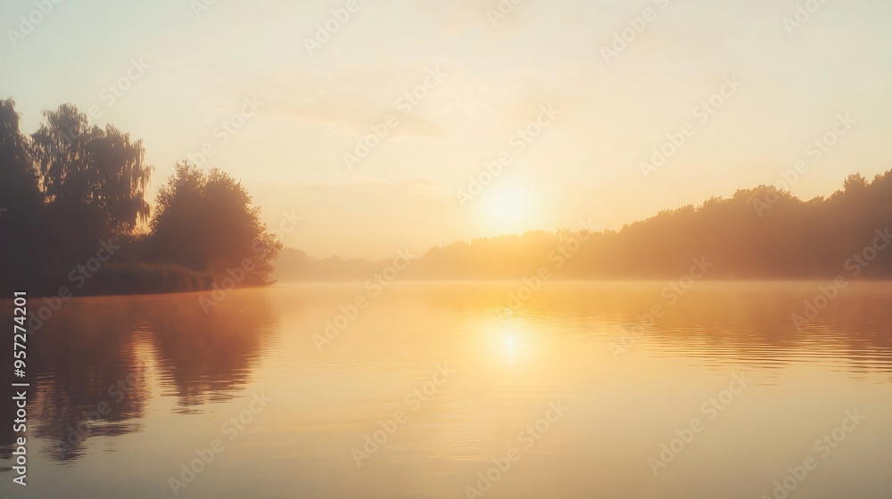 Hazy sunset over a calm river, humid weather, golden hour light Hazy sunset over a calm river, humid weather, golden hour light