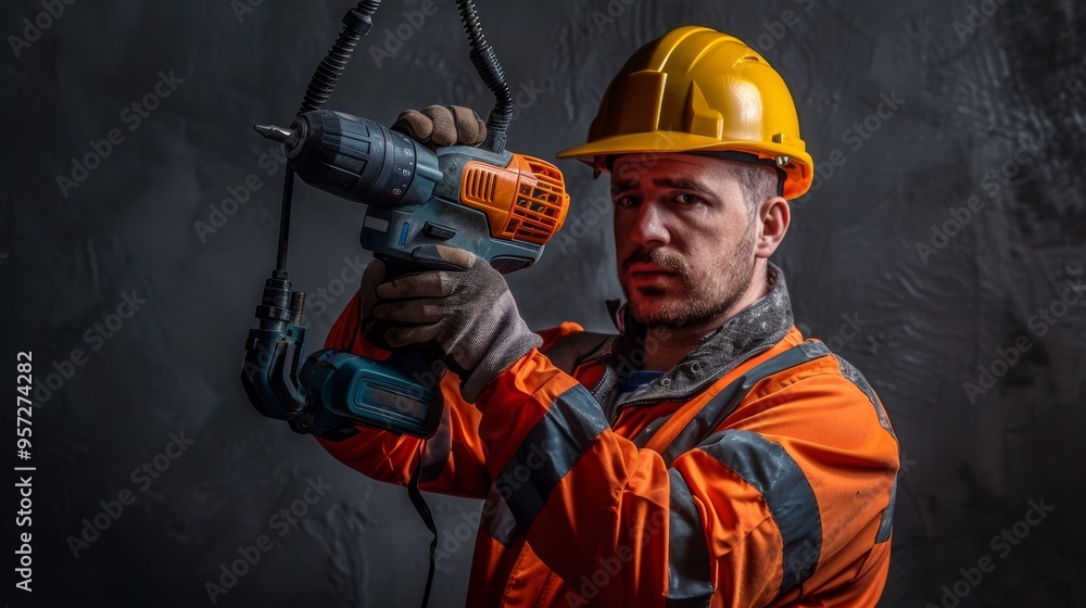 A construction worker actively using a power drill A construction worker actively using a power drill