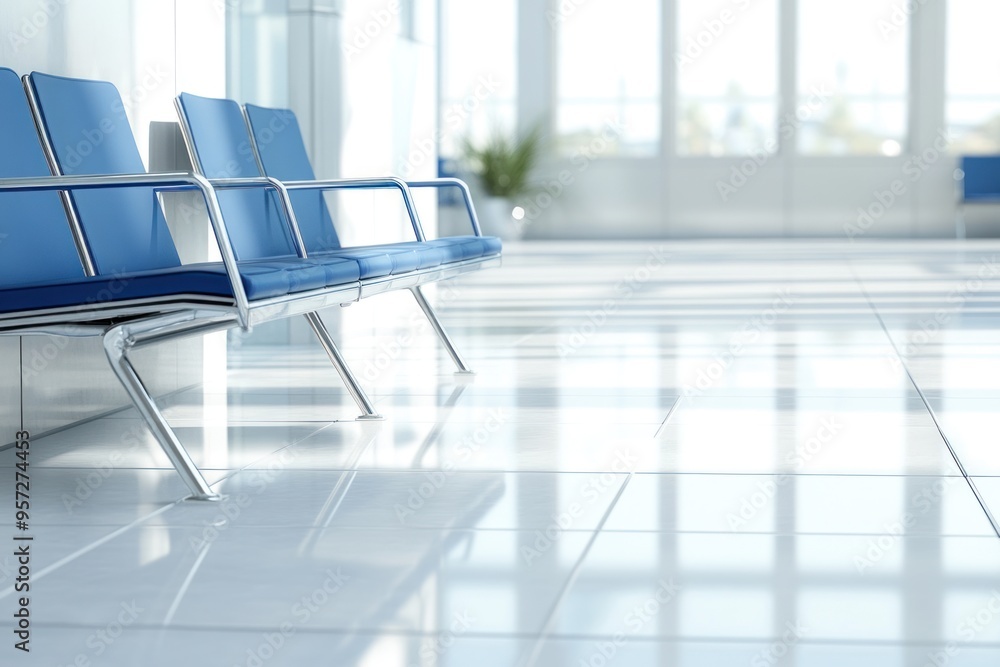 Blue chairs in an airport waiting area with a white tile floor Blue chairs in an airport waiting area with a white tile floor