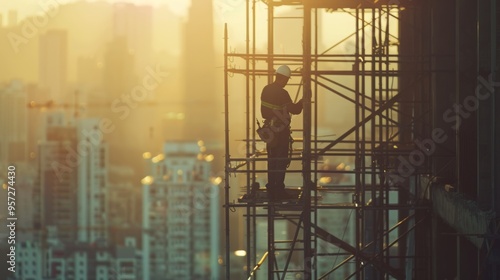 A construction worker working on a scaffold, with a city skyline in the background