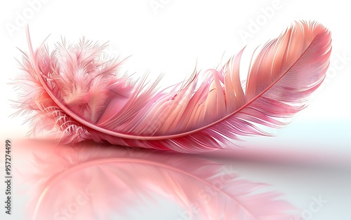 A single pink feather with delicate texture and a soft, subtle glow, reflecting on a white surface.