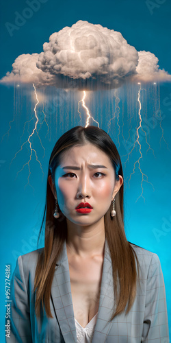 An angry Asian woman is likened to an emotion of a thunderstorm cloud photo